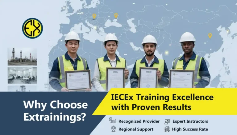 Extrainings IECEx recognized training provider showing hands-on instruction, regional presence across Middle East and India, with high pass rates and comprehensive support