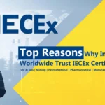 IECEx certification global recognition with international flags representing 35+ countries and hazardous area safety equipment symbols
