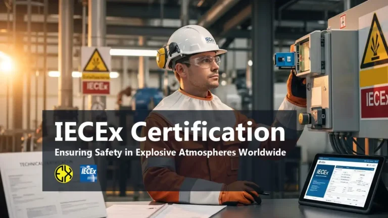 IECEx certified technician inspecting equipment in hazardous industrial area