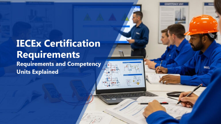 Engineers studying IECEx certification requirements with technical manuals and hazardous area equipment in professional training environment