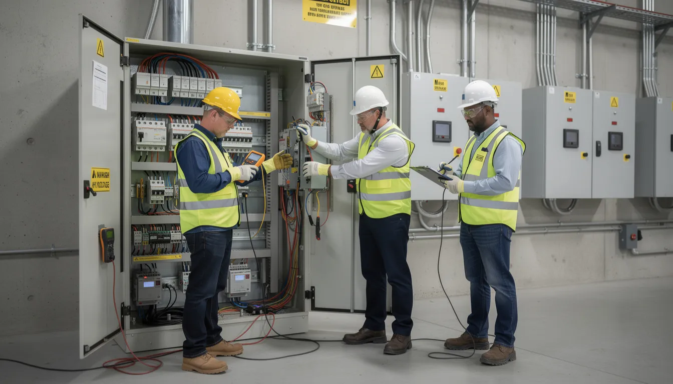 The image depicts professionals in safety gear, including helmets and gloves, working diligently on industrial electrical equipment in a potentially explosive atmosphere. They are engaged in preventive maintenance and practical exercises, showcasing the skills required for safely operating in hazardous locations, as part of their Compex training and certification process.