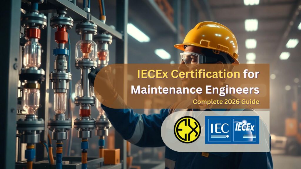 Maintenance engineer with IECEx certification inspecting explosion-proof equipment in hazardous area facility UAE