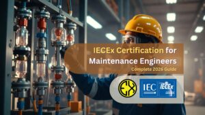 Maintenance engineer with IECEx certification inspecting explosion-proof equipment in hazardous area facility UAE