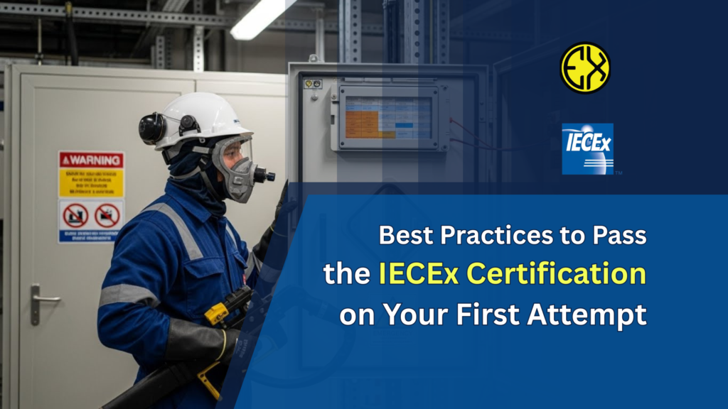 Engineer preparing for IECEx certification examining explosion-proof electrical equipment in hazardous area with safety protocols