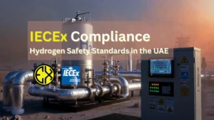 Industrial hydrogen storage tanks in the UAE meeting IECEx explosive atmosphere safety standards.