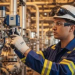 Instrumentation engineer inspecting Ex-rated equipment for CompEx certification in a hazardous area oil and gas facility in UAE