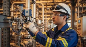 Instrumentation engineer inspecting Ex-rated equipment for CompEx certification in a hazardous area oil and gas facility in UAE