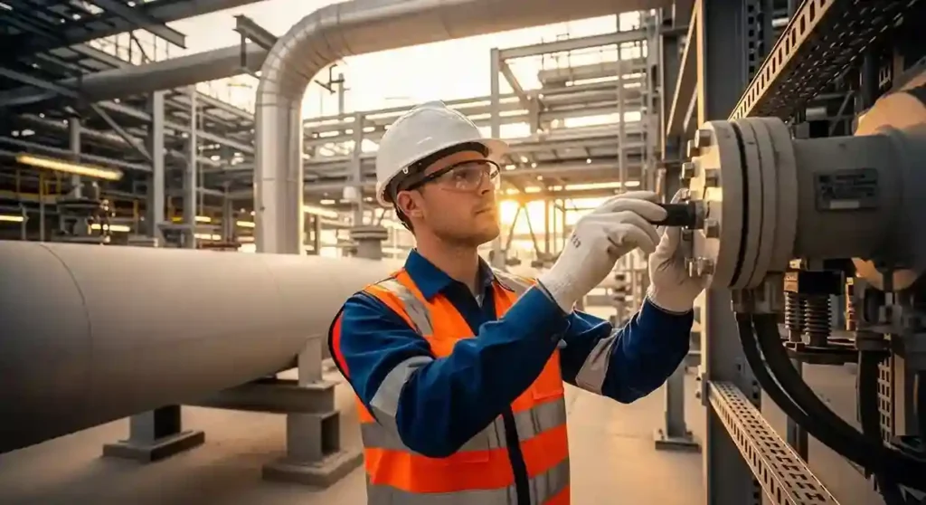 CompEx training in Qatar for North Field Expansion — electrical engineer inspecting hazardous area equipment on an LNG site
