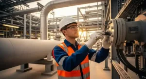 CompEx training in Qatar for North Field Expansion — electrical engineer inspecting hazardous area equipment on an LNG site