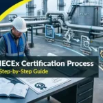 IECEx certification process showing application, testing, ExCB approval, and certificate issuance steps
