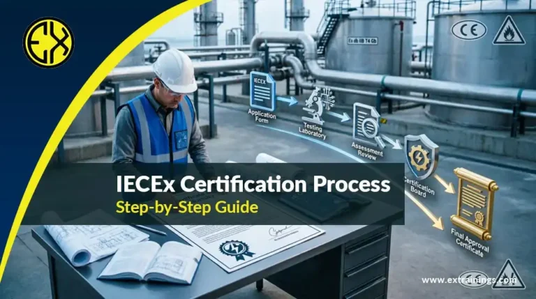 IECEx certification process showing application, testing, ExCB approval, and certificate issuance steps